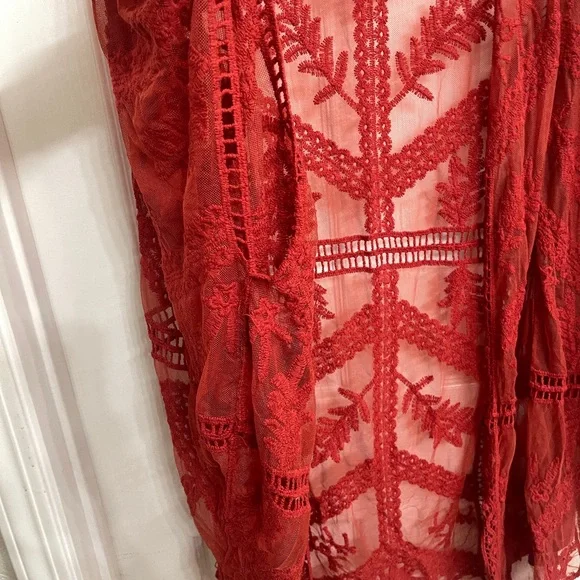 Lace Red Rust Oversized Duster Kimono One Size Fits All - Picture 5 of 8